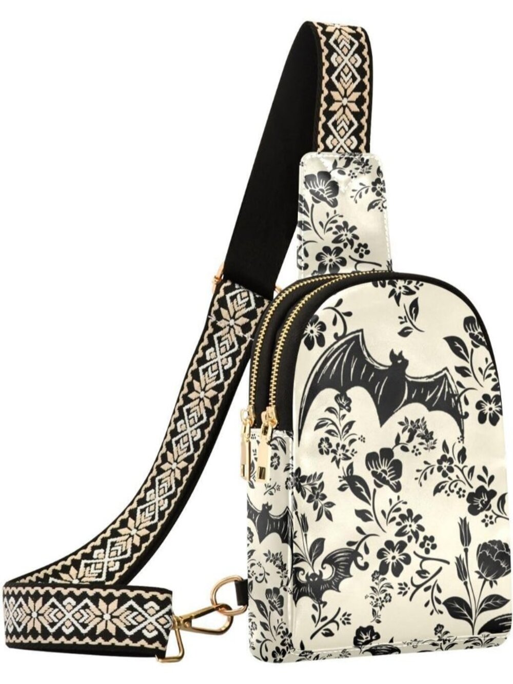 Unisex Bats Flowers Halloween Bat Sling Backpack Travel Hiking Crossbody Bag
